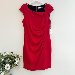 NWT Calvin Klein Red Asymmetrical Neck Ruched Sheath Dress Size 12